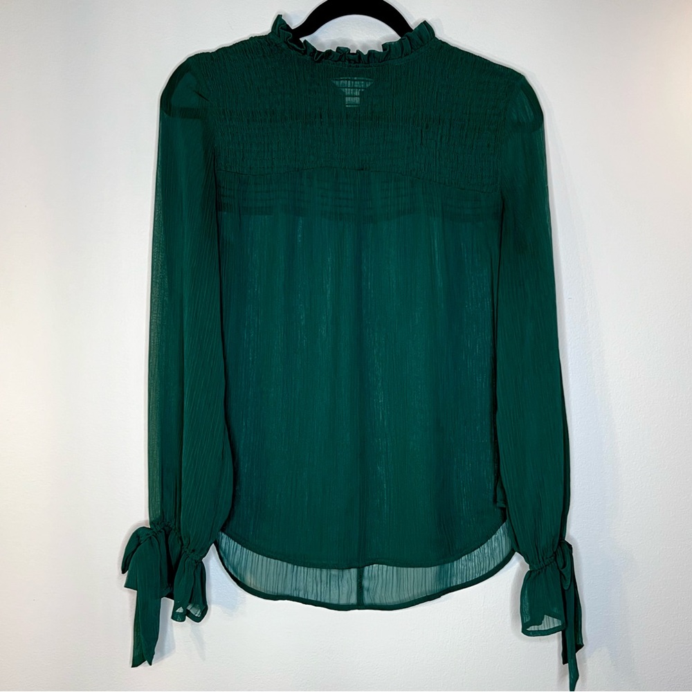 Belle and Sky Ruffle Mock Neck Blouse Medium Flounce Tie Sleeve Green Semi Sheer